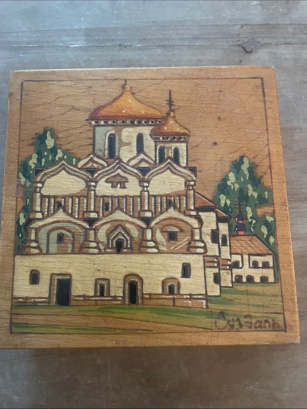Vintage Wooden trinket Box with Painted Church Artwork - Ussr - Tan/Gold 5x5